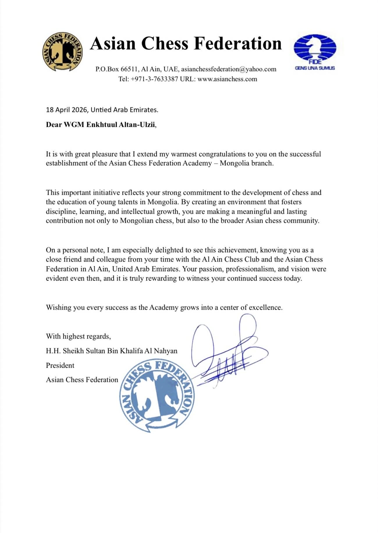 Asian Chess Federation president greeting letter